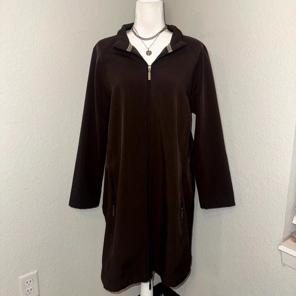 Jockey Long Jacket Women's Large Brown Fleece Lined Long Sleeve Full Zip Minimal